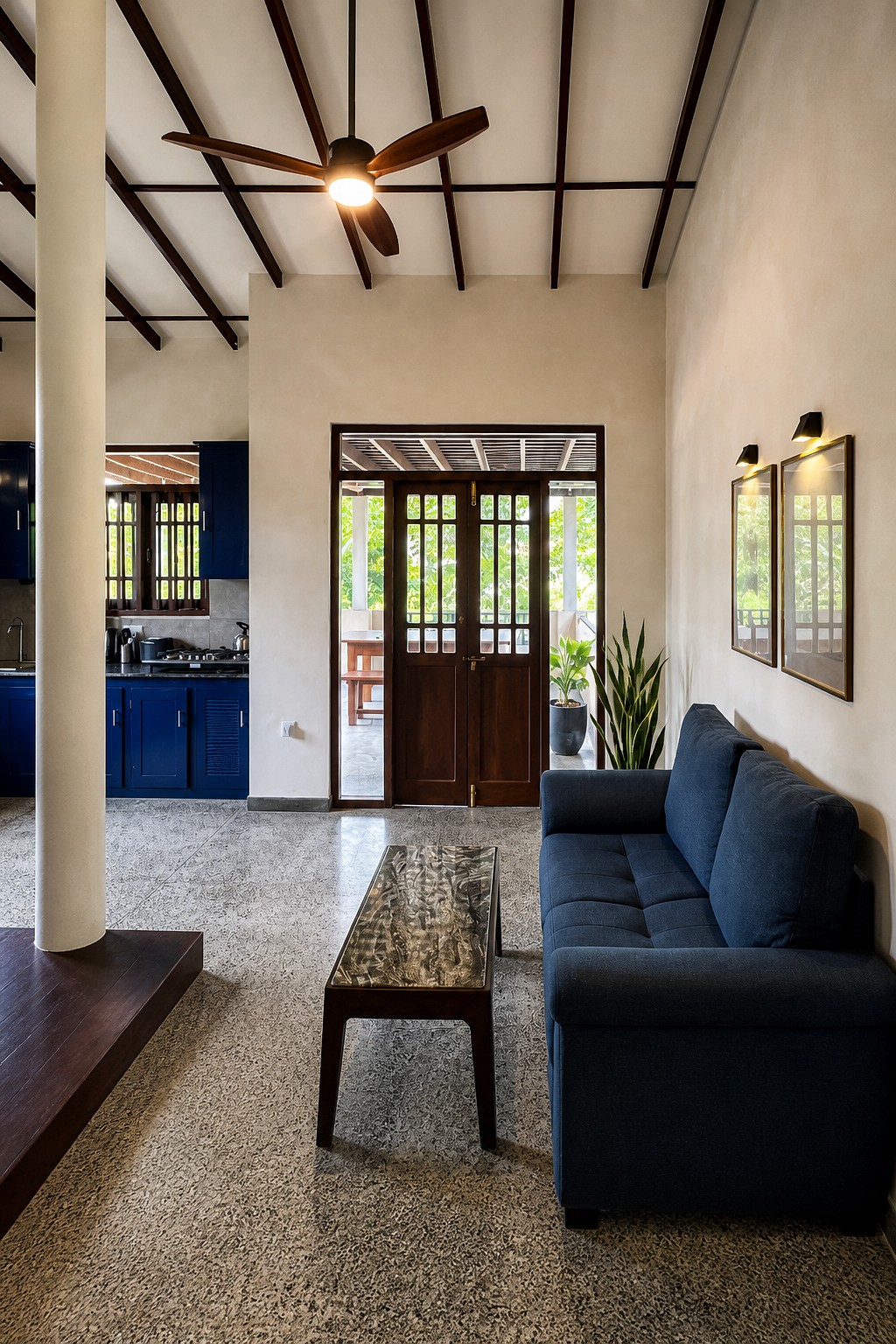 Living space opening onto the private veranda at Sereniqe Heaven, Hikkaduwa